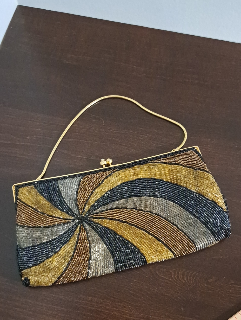 Beaded Spiral Evening Clutch in Gold, Black & Silver Tones
